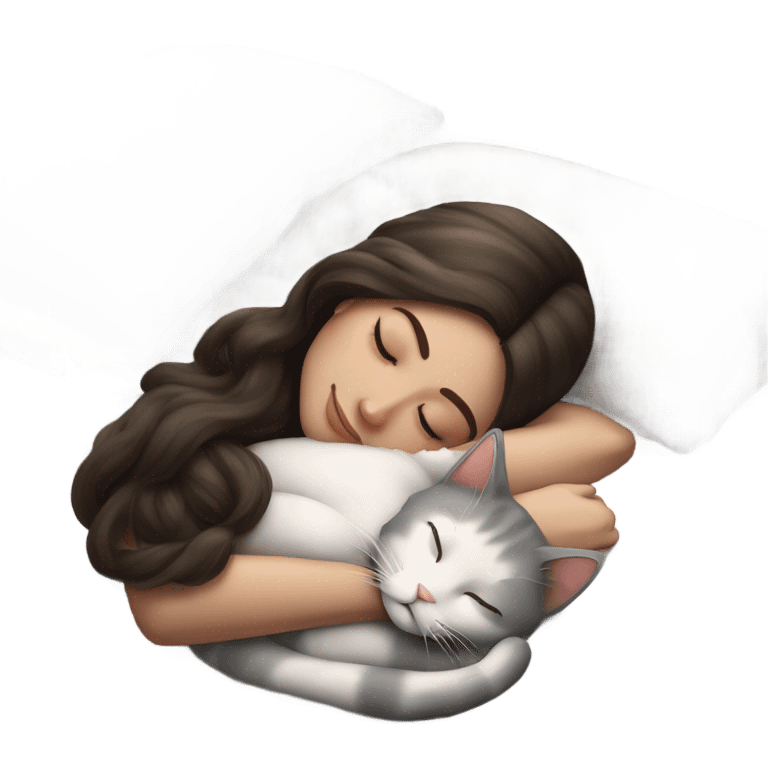 sleeping beauty brunette brown girl with a silk pillow and her white grey cat emoji