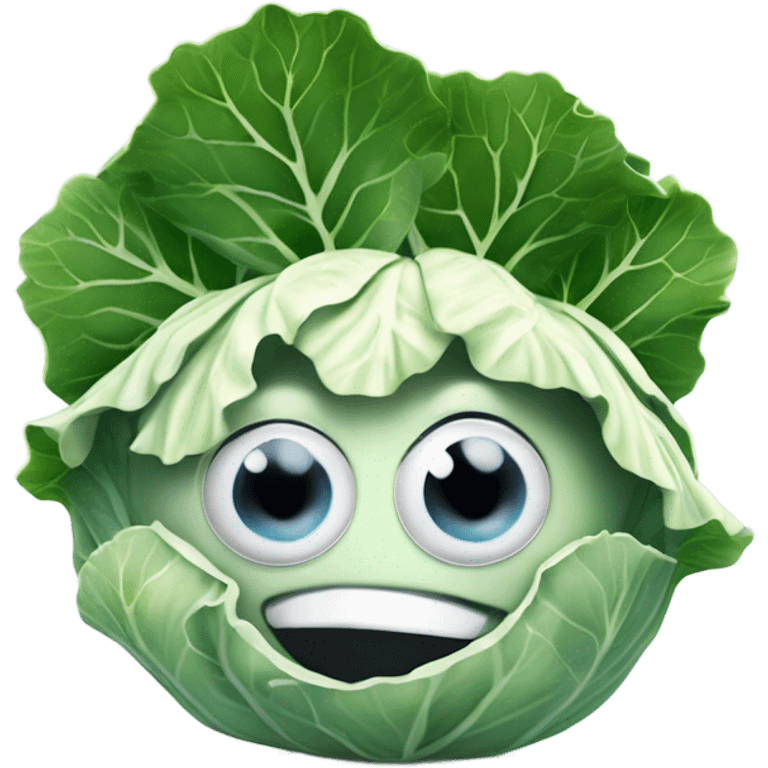 Create 3D White colored cabbage with a mysterious face and large shiny eyes 👀 has two hands of leaves. one hand holds mirror with reflection 🪞 emoji