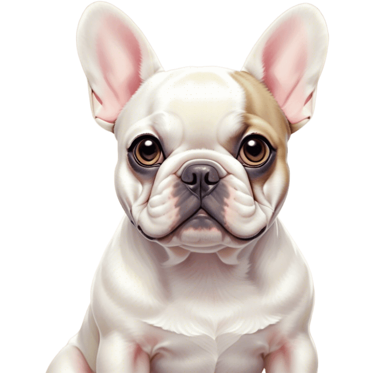 Cinematic Noble Pied French Bulldog Portrait Emoji, Radiating regal yet playful charm, with a distinctive pied fur of contrasting hues and a sculpted, expressive face featuring gentle, wise eyes and a confident stance, simplified yet artistically detailed, glowing with a soft, sophisticated radiance, high shine, exuding intelligent nobility and refined flair, soft glowing outline, capturing the essence of a noble Pied French Bulldog that embodies both strength and grace! emoji