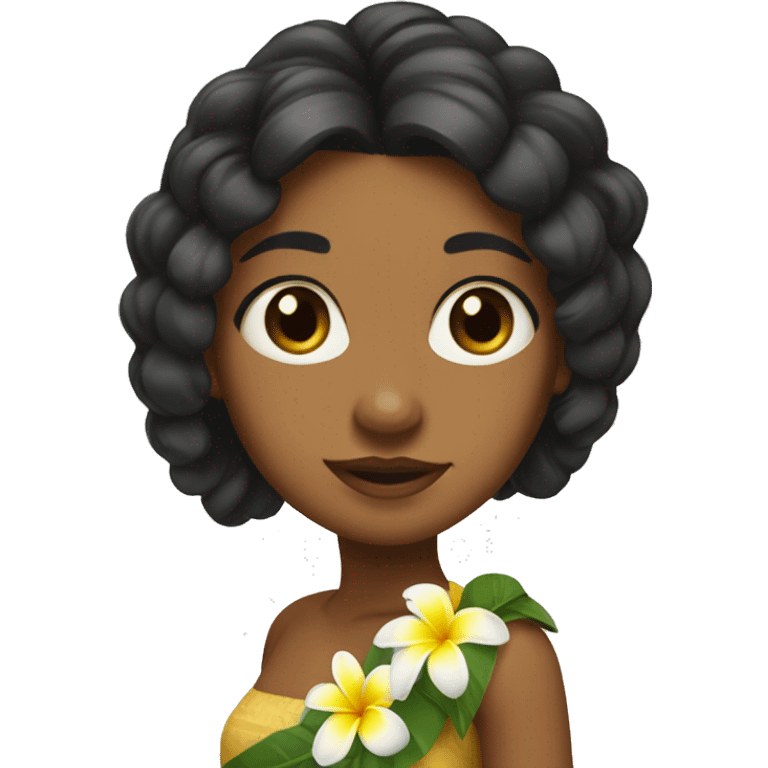 Brown Island girl with long black hair and a plumeria head lei emoji