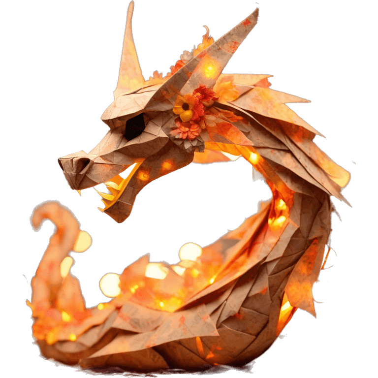 Charred flaming fiery Beige Origami dragon made of newspapers on fire letters on fire burnt paper surrounded by fairy lights swirls covered in dried flowers bokeh floral flowers fire flames emoji