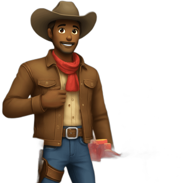 Cowboy in front of a christmas tree with lot of giftboxes emoji