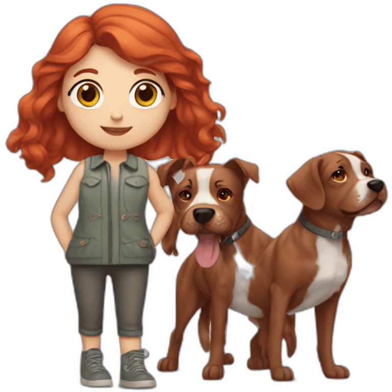 Redhead girl with 2 brindle dogs emoji