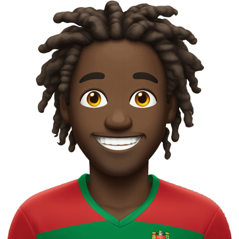  Young black man- 4 inch short black nappy messy dread locks-  low eyebrows - low eyes - no facial hair laughing Portugal jersey lean crazy smile  emoji