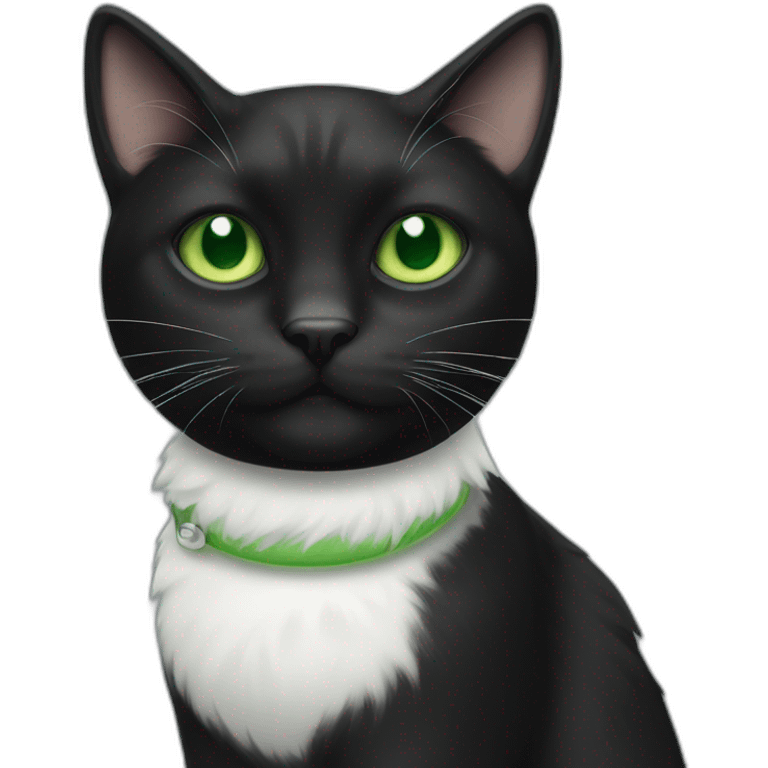 A black cat with green eyes with a white mustache, a white stripe on its nose, a full-length white breast and white paws emoji