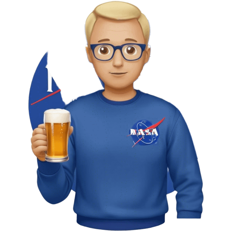 happy fat man, drinks a beer,  blond short and hight receding hairline, wearing a dark blue sweatshirt, nasa logo on the sweatshirt, round glasses without frame, 40 years old emoji