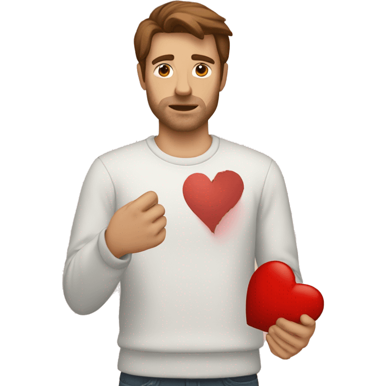 White man with brown hair holding a broken heart emoji