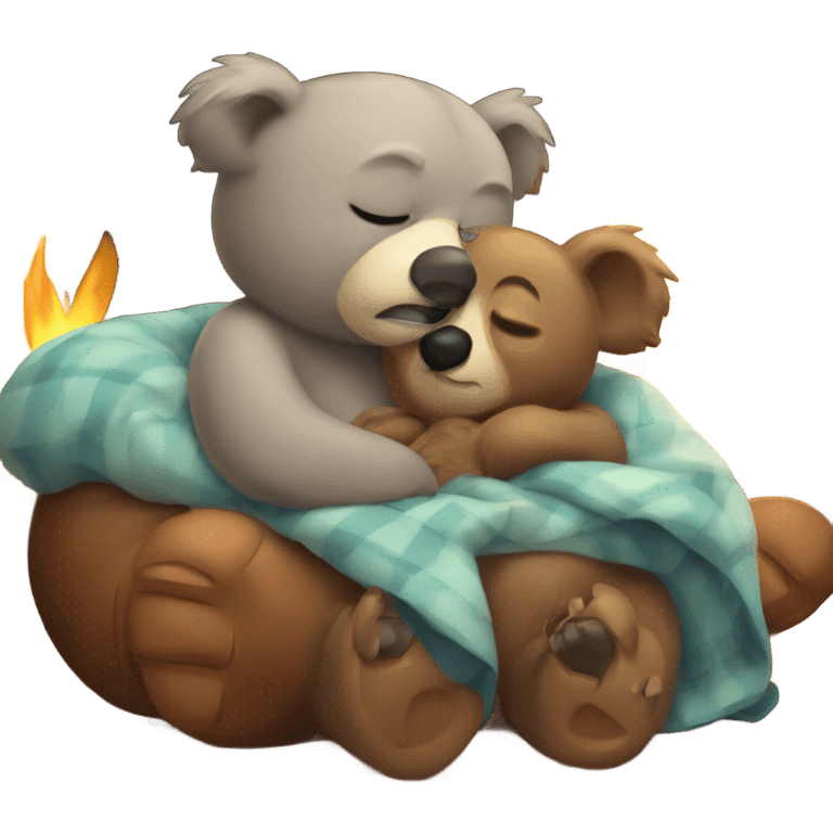 Bear snuggled with koala at fireplace emoji