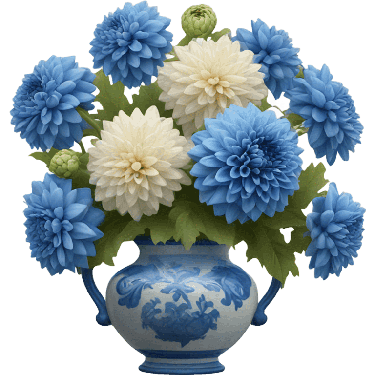 A Parisian-inspired setting with a bouquet of blue dahlias in a ceramic vase emoji