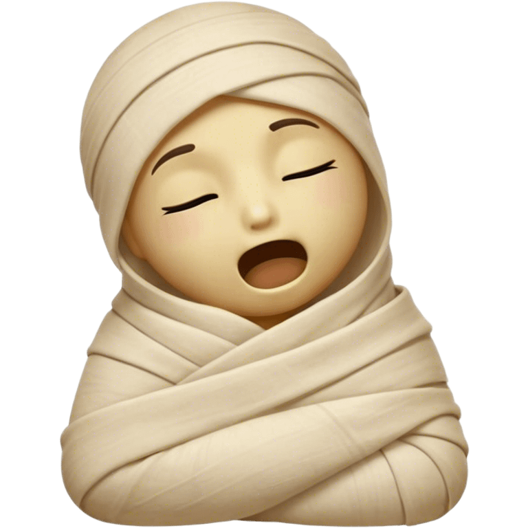 Cinematic Cute Yawning Mummy Portrait Emoji, with a snug, slightly askew bandaged form in warm, faded tones with gentle golden accents, head tilted back in a big, sleepy yawn revealing cute hints of ancient charm, simplified yet adorably detailed, glowing with a soft, nostalgic radiance and a gentle outline that captures a mummy’s tender need for rest! emoji