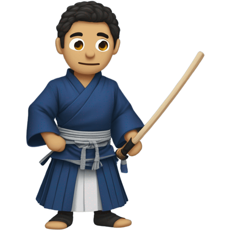 male Kendo Muppet with dark hair side-part and brown eyes with indigoblue Gi and Hakama and a dark Kendo-armor emoji