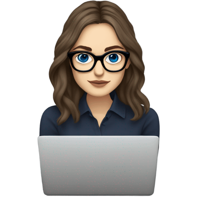 Hyper Realistic Photo keireav Knightly wearing black glasses and blue eyes  on a laptop  emoji