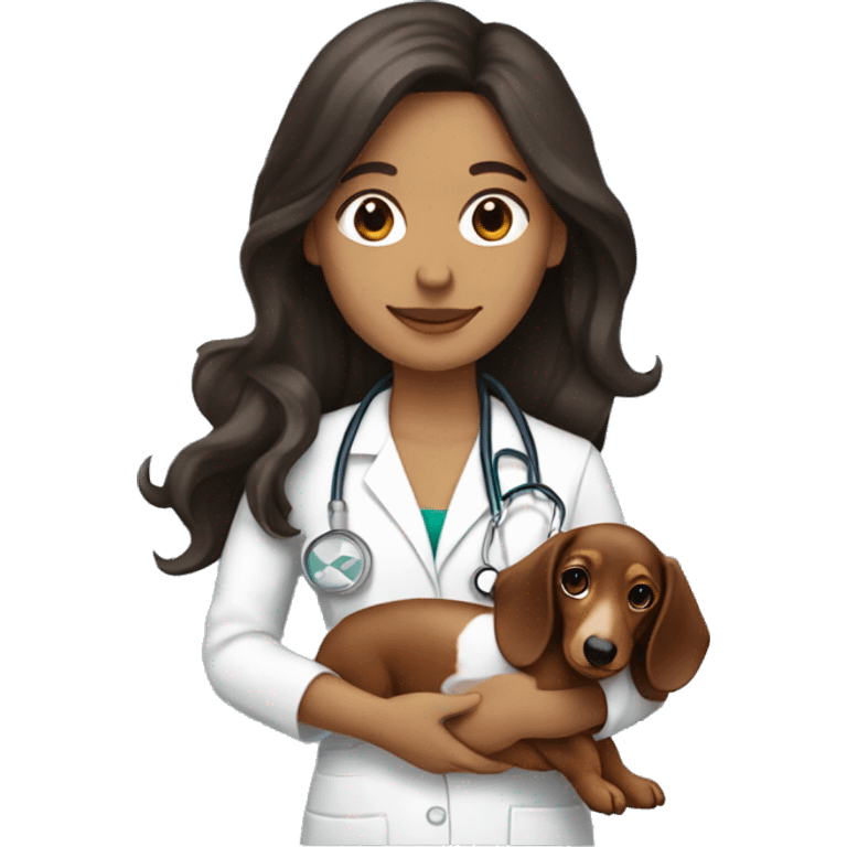 Brunette Medical worker holding a longhaired dachshund emoji