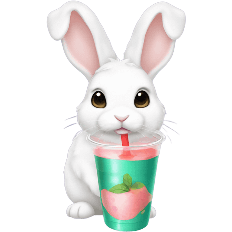 White mini lop rabbit drinking boba tea emoji