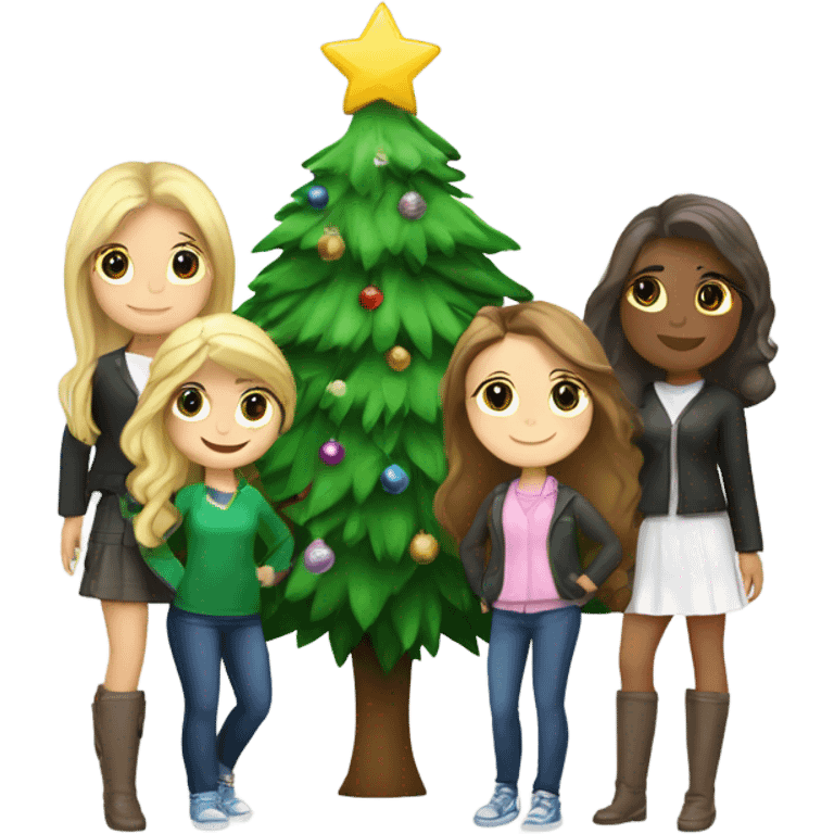 A Christmas tree that says “besties “ with three girls , 2 brunettes and a Blonde next to the tree  emoji