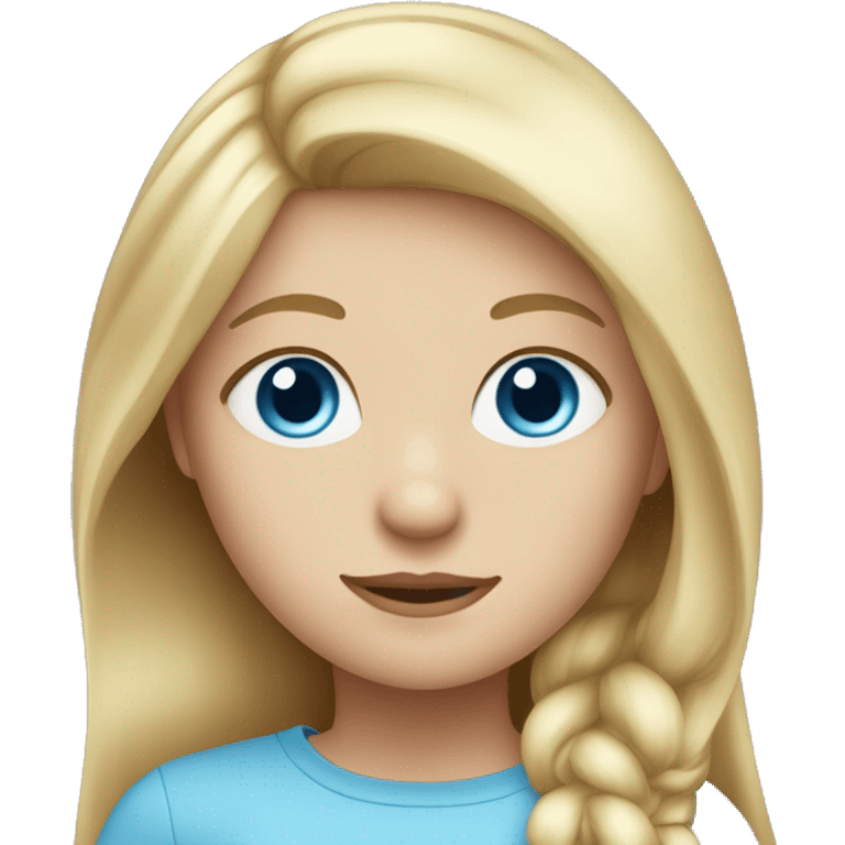 Straight blond hair girl with Blue eyes and a sky blue top emoji