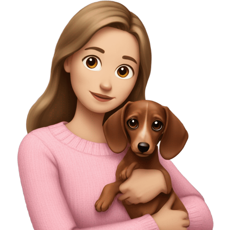 Brunette white girl with long hair in a pink sweater holds a brown and cream dachshund long haired puppy in her arms emoji