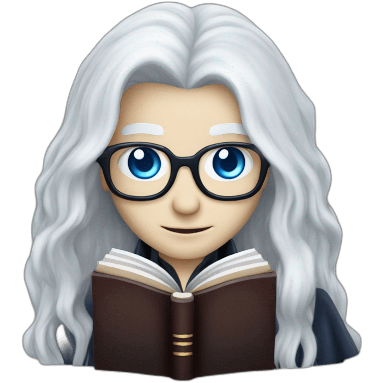 vampire librarian with blue eyes and long white hair holding a book male emoji