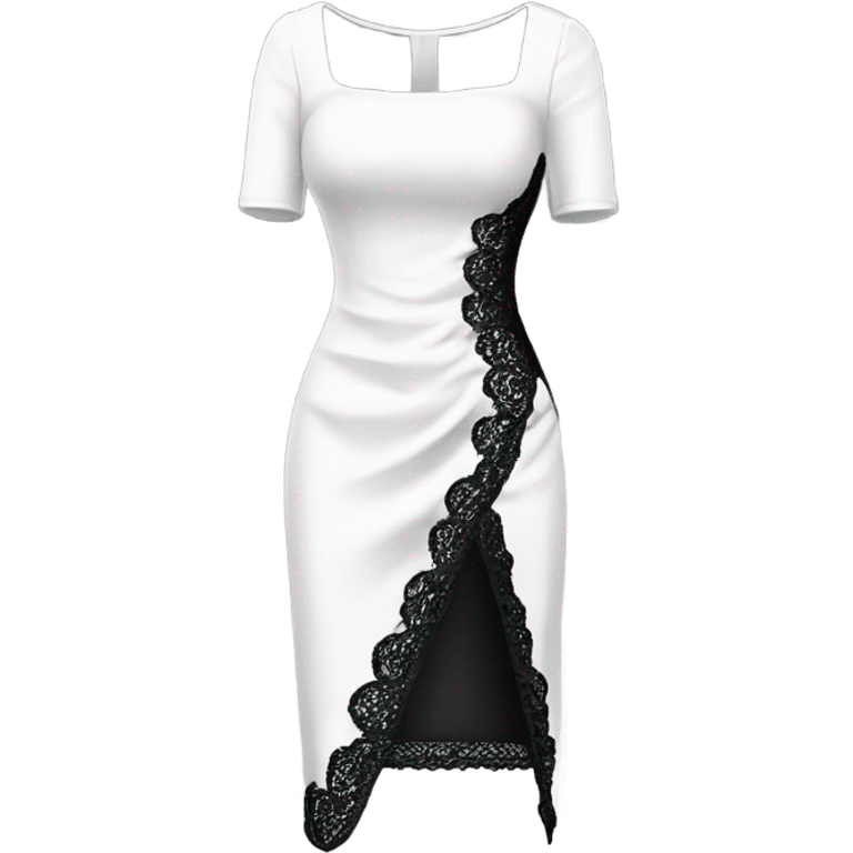 Realistic isolated fancy beautiful feminine white square neck dress with black sequin lace and split up the leg.of the dress. emoji