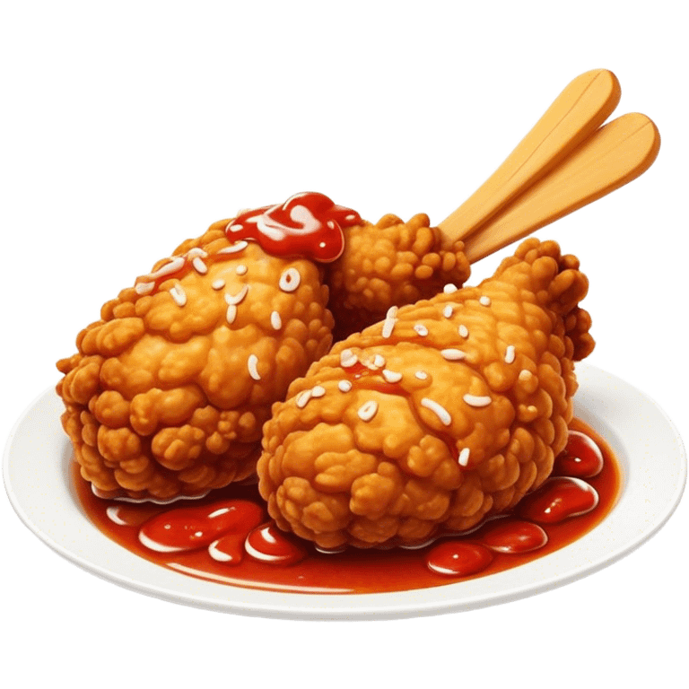 Cinematic Realistic Korean Fried Chicken Dish Emoji, depicted as crispy, golden-fried chicken glazed in a tangy sauce rendered with detailed textures and vibrant, dynamic lighting. emoji