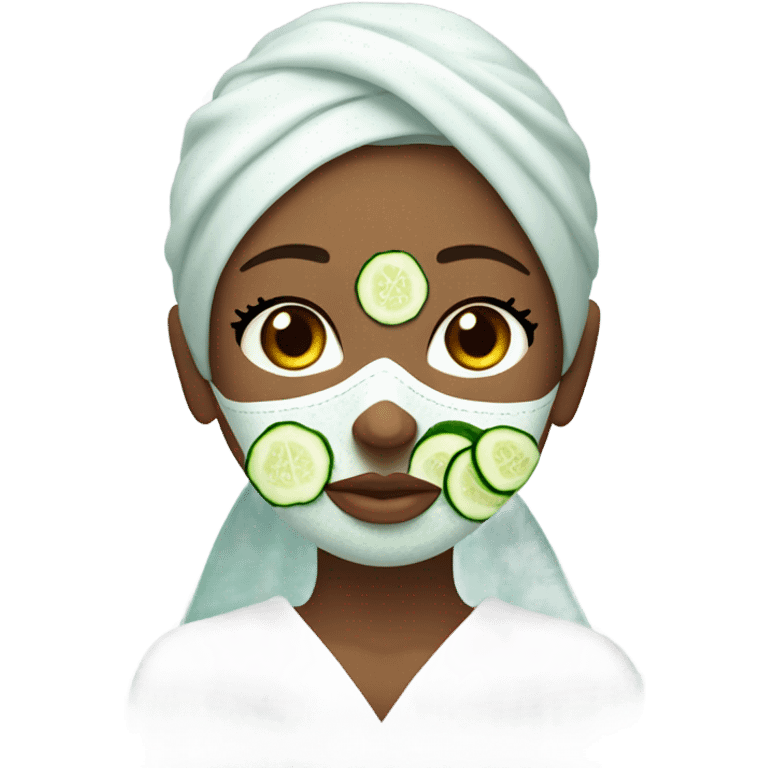 Girl with freackles Brown hair white skin and blue eyes wears Green colored texture skin care mask all over her face while She relaxes and puts two round piece of cucumber on her closed eyes In a white Robe emoji