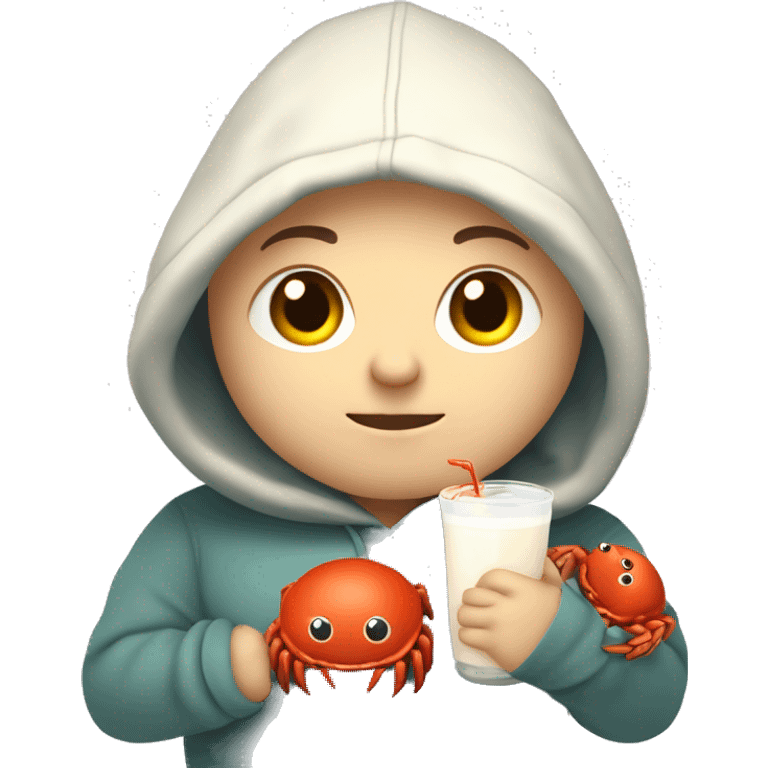 chubby, light hair, short hair, combover, hoodie, holding crab mascot from rust programming language. And a sweet milk in the other hand emoji