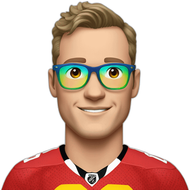 Jonathan Toews wearing glasses and rainbow clothes emoji