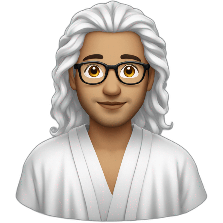 A beautiful Moroccan young man with thick, wet hair and white skin, wearing glasses and a robe emoji