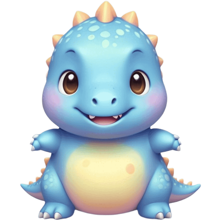 Cinematic tiny pastel dinosaur, chubby round body, tiny feet, big sparkling eyes, soft glowing colors, happy and friendly expression, radiating warmth. emoji