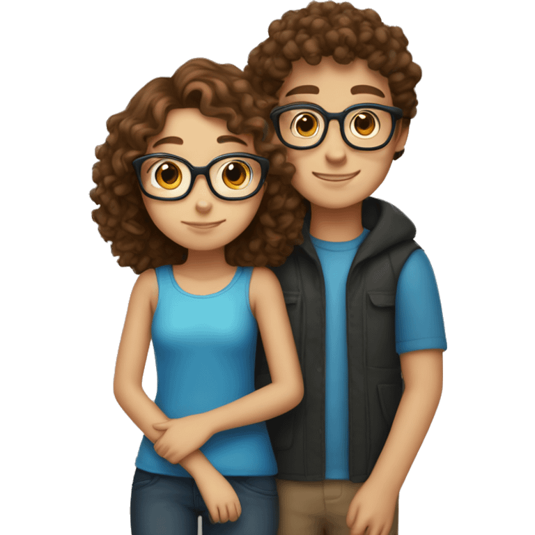 Girl with brown curly hair and blue eyes hugs boy with brown hair and glasses  emoji