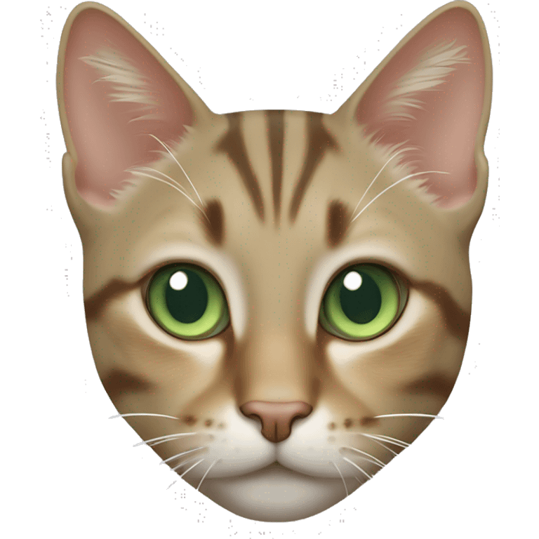 Tabby cat with white chest and light brown small patch on right side of nose and sage green eyes emoji