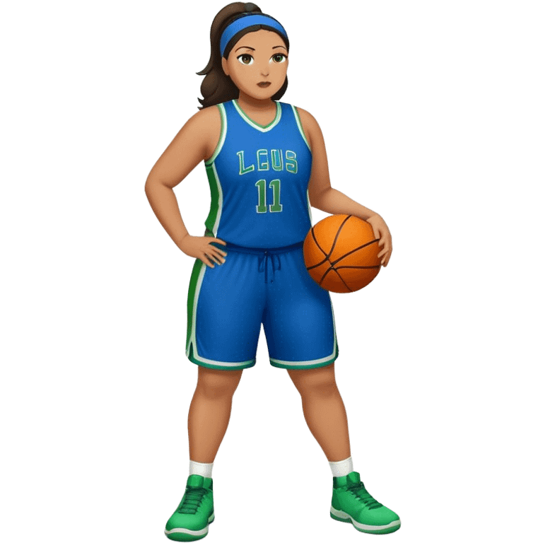 Full Body Latino plus size women basketball player wearing blue and green uniform emoji