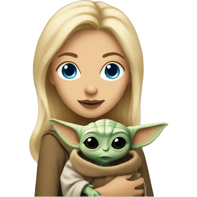 blonde woman with blue eyes holding baby yoda emoji