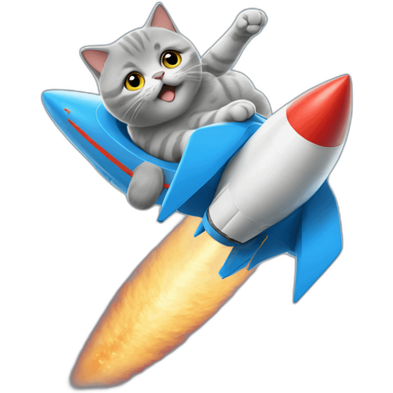 British Shorthair Blue Cat ride a rocket emoji