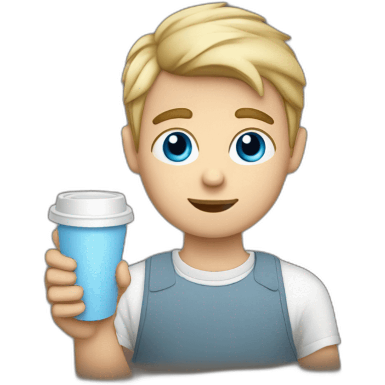 white blue eyed boy with a disposable cup of Coffee in his hands emoji