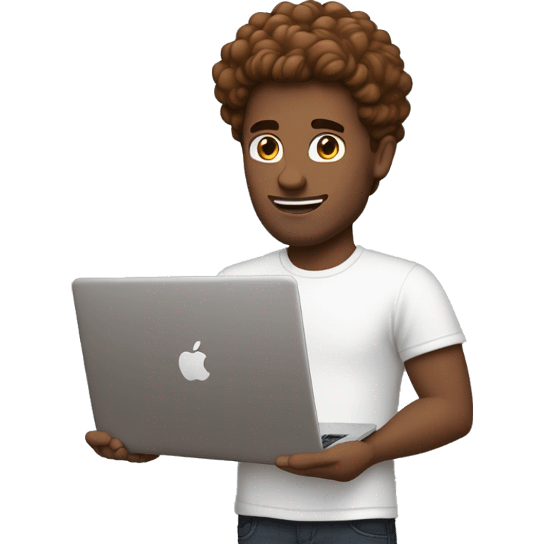 a guy with a voluminous chestnut-colored hairstyle, holding a MacBook, blue eyes, wearing a white T-shirt, medium build emoji