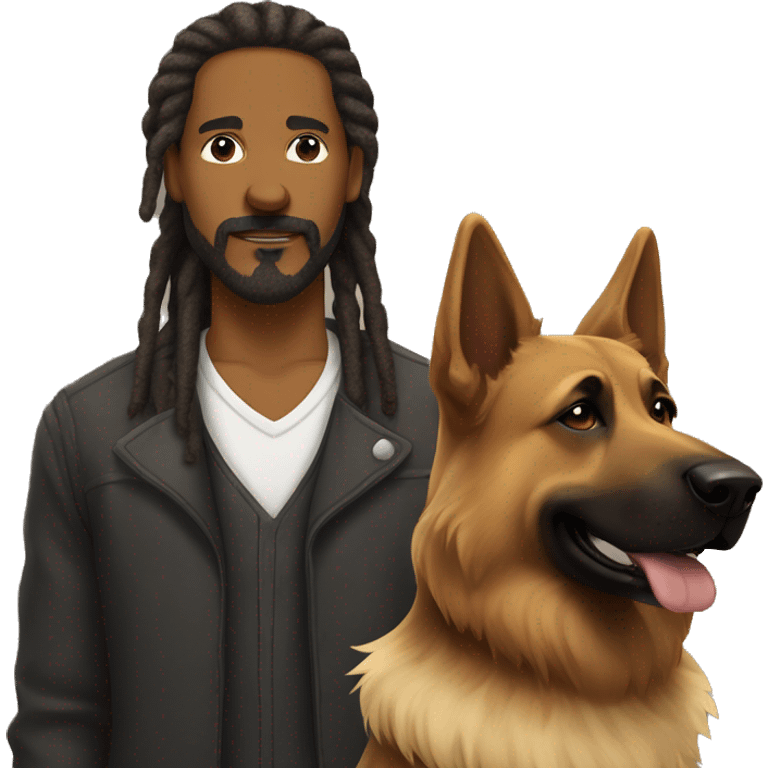 man with dreadlocks, mustache and goatee alongside a brindle colored german shepherd dog emoji