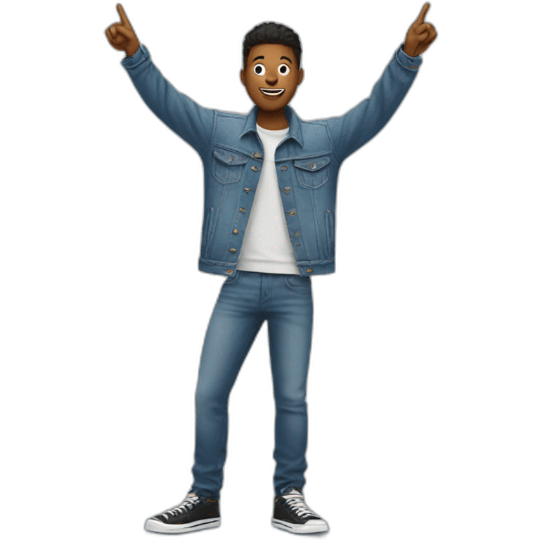 Cool person in denim jacket pointing upward  emoji