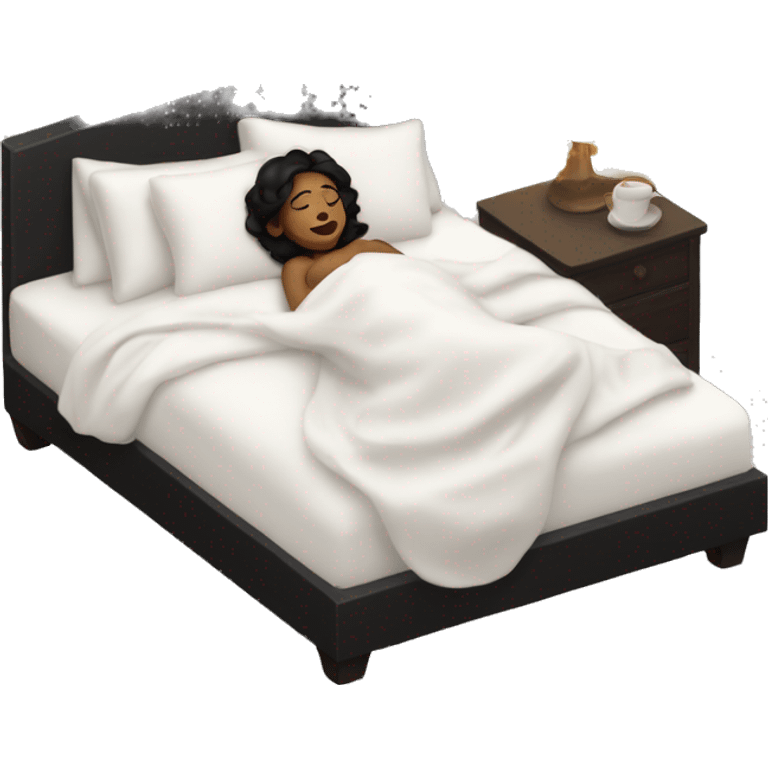 Sleeping woman laying with light brown skin and black hair laying on white pillow in large bed with black covers cozy emoji