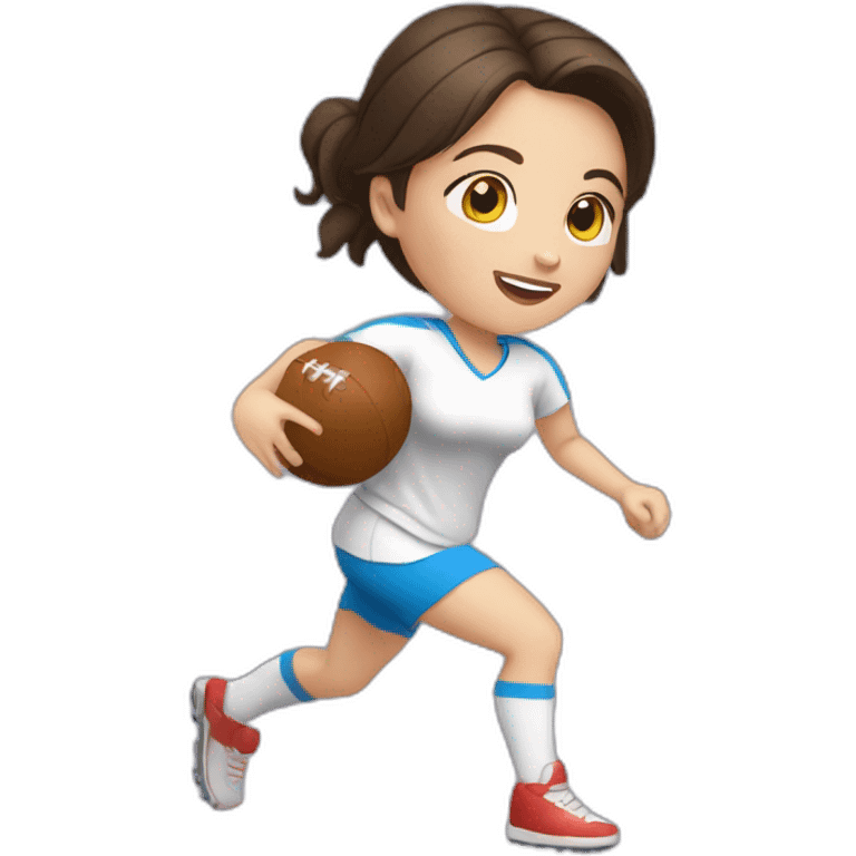 White skin brunette female playing football with very small ball of basket emoji