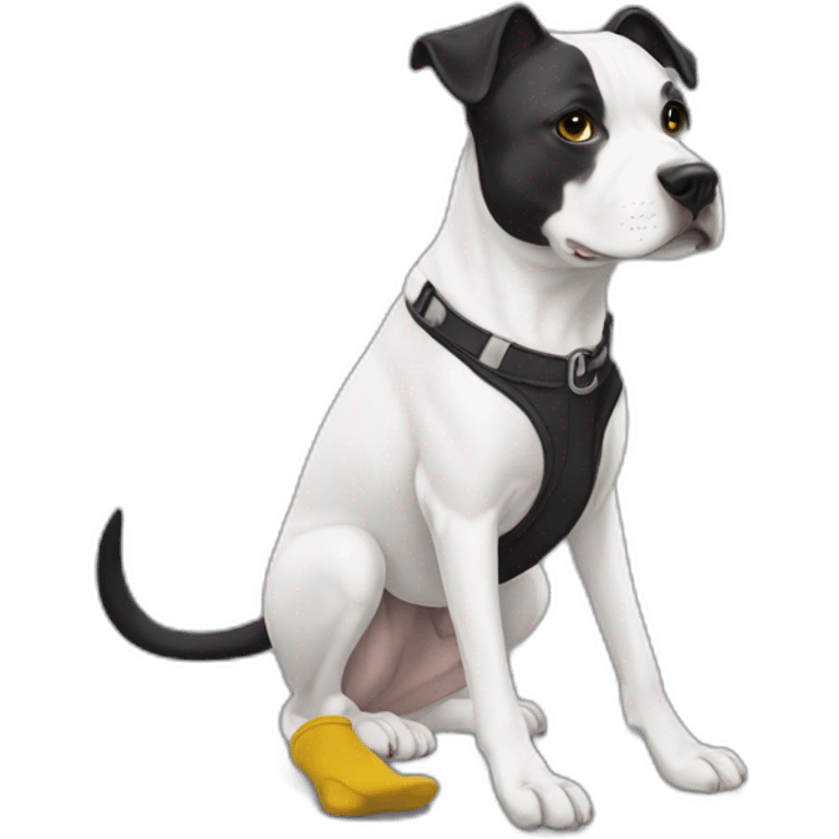 Staffi femmelle noir avec des chaussettes blanche  sur ses  pattes et un trait blanc sur le crane emoji