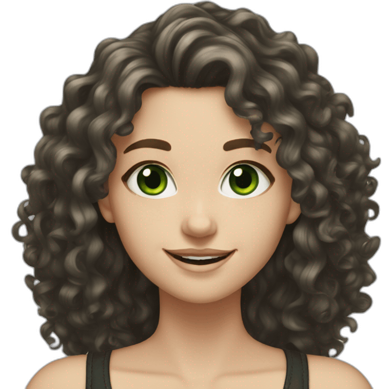 white girl with black long curly hair and green eyes smiling emoji