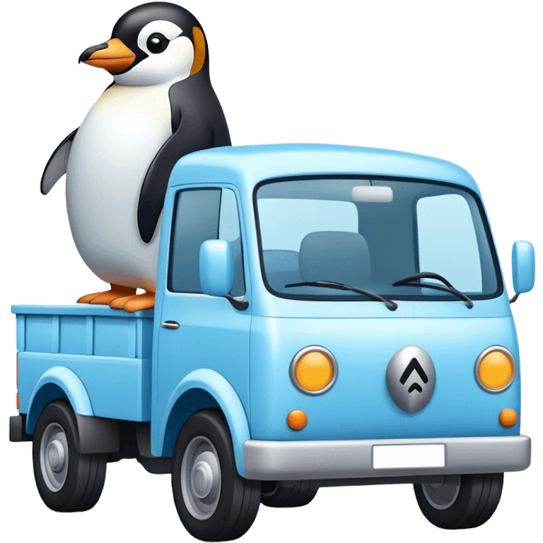 Camion blanc avec affiche bleu clair et pinguoin dessus emoji