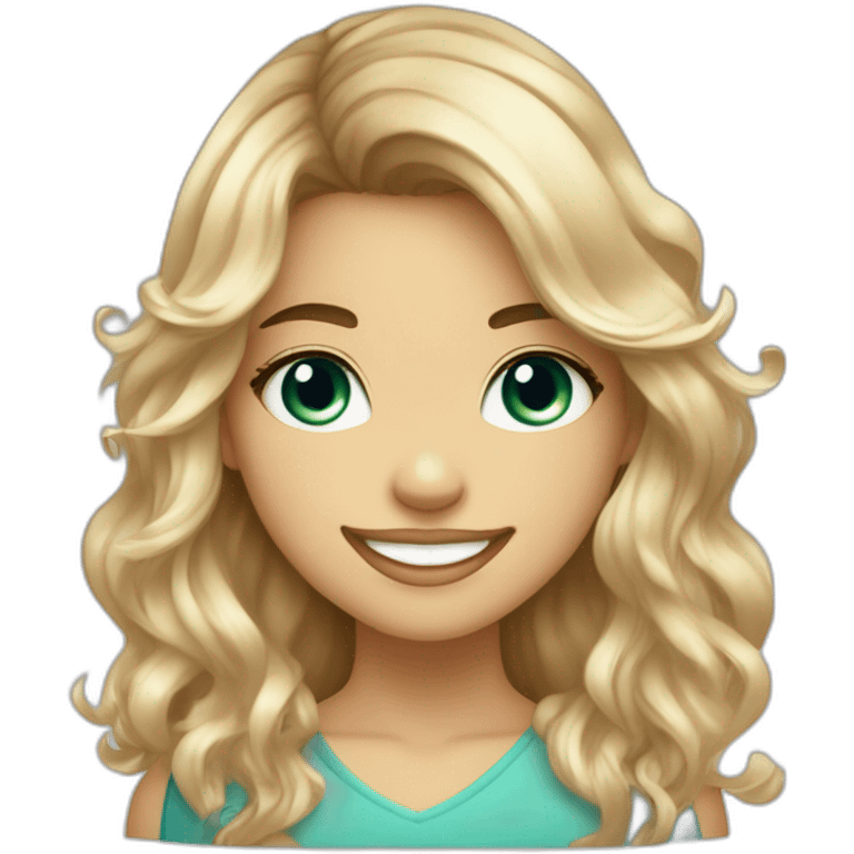 girl smiling with brown to blonde ombre wavy hair with bangs and greenish blue eyes wearing rhinestones next to eyes saying hi emoji