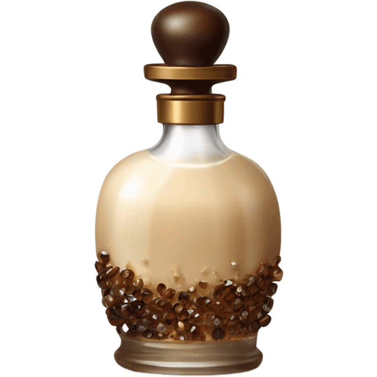 Antique parfumerie bottle with oil, made of bronze and brown crystals, white cream and coffee milk pour from the bottle emoji