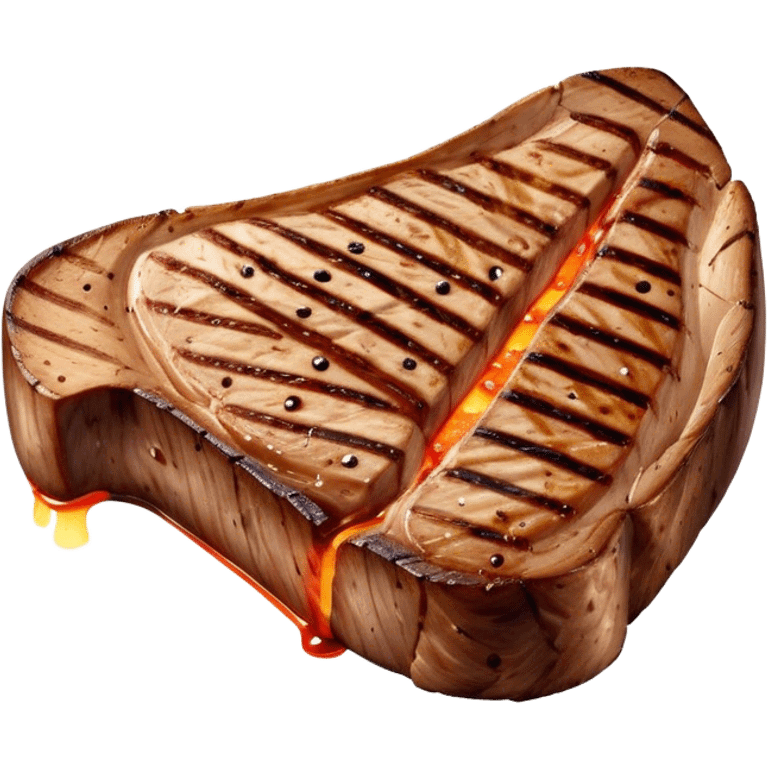 Cinematic thick-cut t-bone steak, perfectly seared with grill marks, a grilled center, rich and savory, warm glow, sizzling and mouthwatering, highly detailed and appetizing. emoji