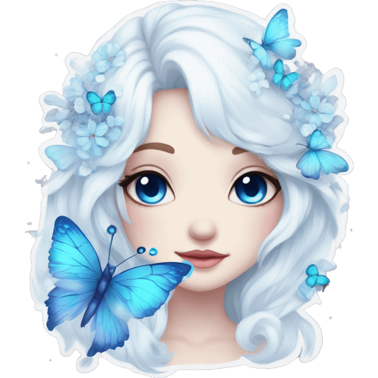 Edgy Cute Cool Kawaii gorgeous sparkly ethereal white fantasy animal with blue eyes sona with flowers and butterflies emoji