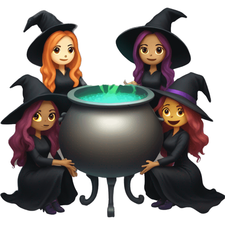 Coven of several witches holding hands around a bubbling cauldron  emoji