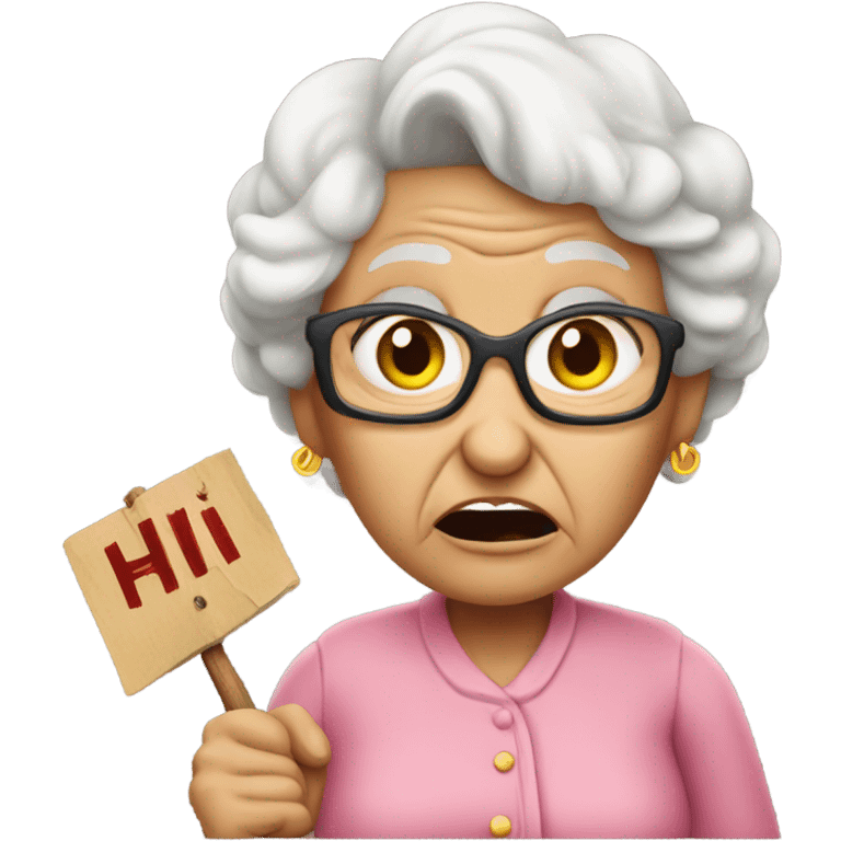 Angry grandma holding a sign that says “Hi Urrolba” emoji