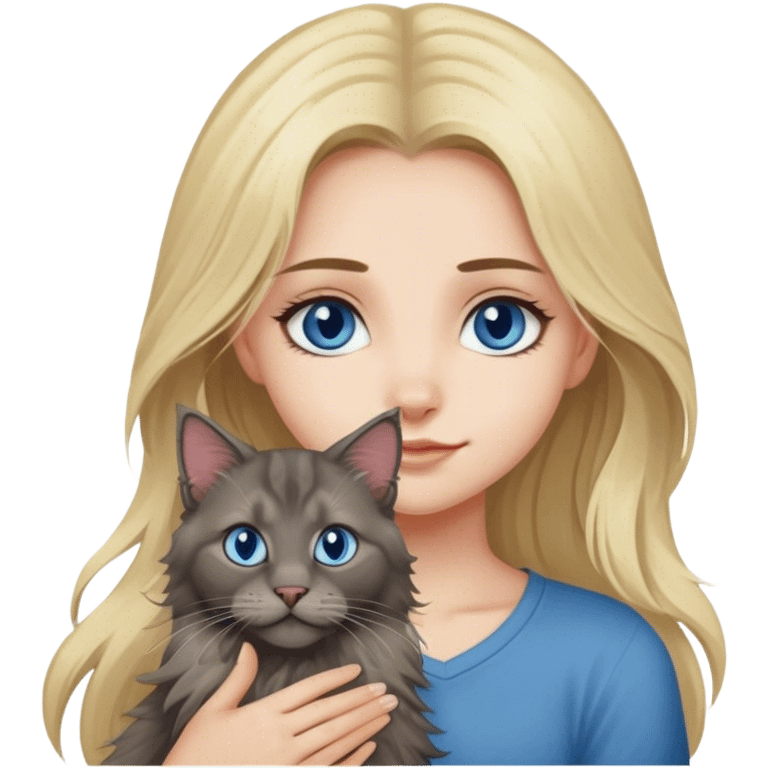 Fille blonde aux yeux bleu avec un chat mainecoon gris foncés  emoji